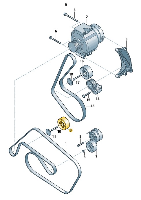 Podgląd obrazka: Rolka prowadząca ze śrubą (nr katalogowy: 06E903341G)